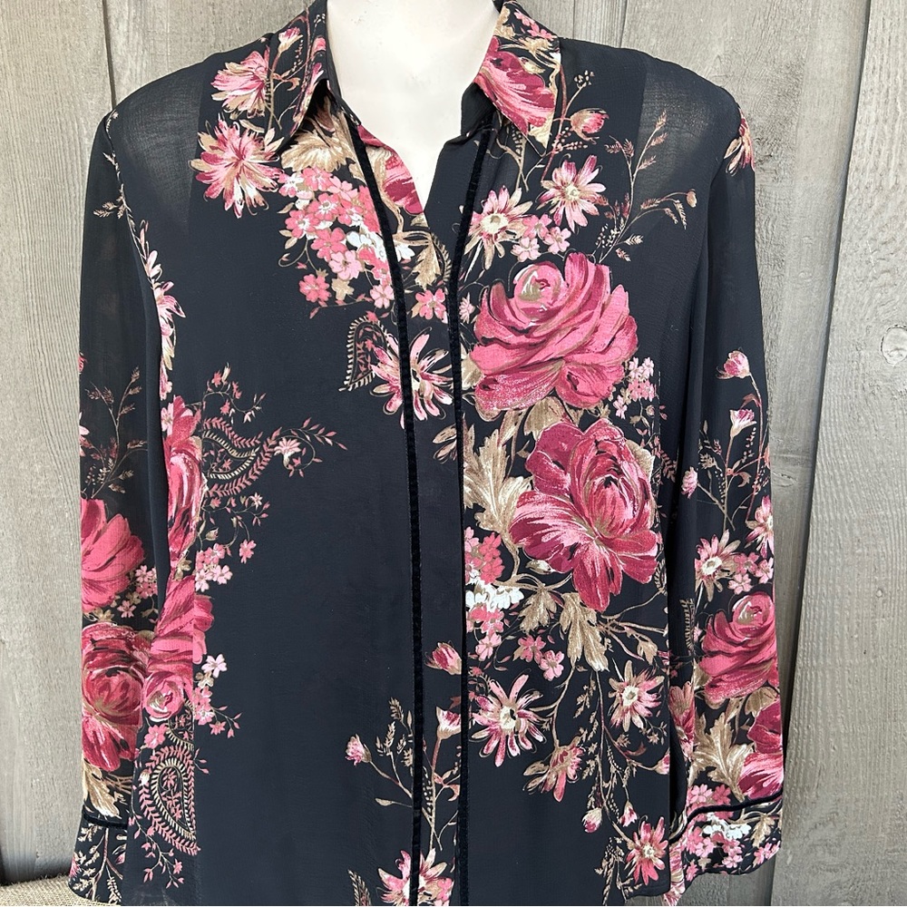 Black floral sheer blouse with velvet trim. Emma James brand
